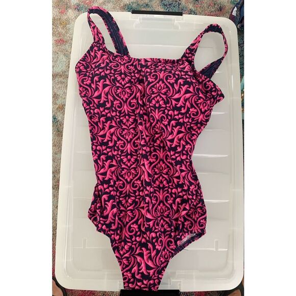 Women's Lands End Pink Navy Hobo Printed One Piece Bathing Swimsuit - Picture 5 of 10